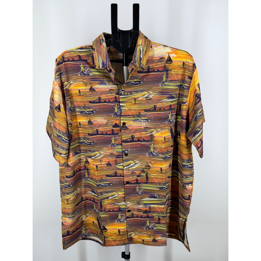 Funny Guy  Mens‎ XL Sunset Lake Boat Print Hawaiian Button Down Shirt New